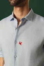 Bird Hand Embroidered Irish Linen Shirt - Light Blue