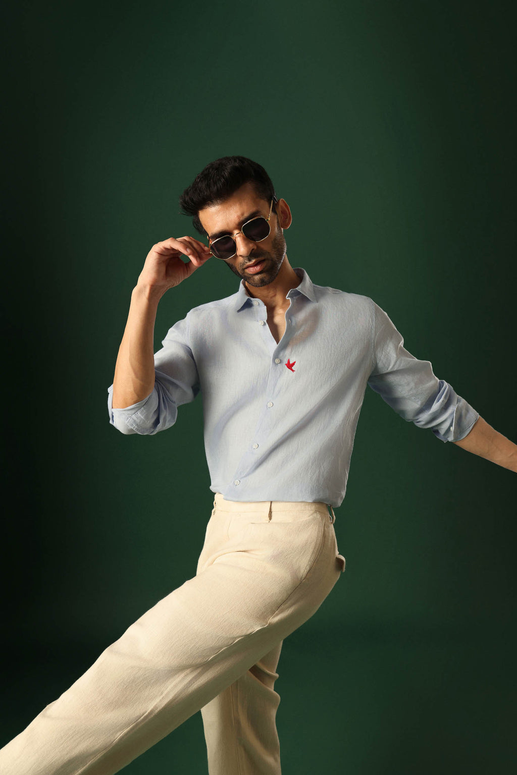 Bird Hand Embroidered Irish Linen Shirt - Light Blue