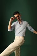 Bird Hand Embroidered Irish Linen Shirt - Light Blue
