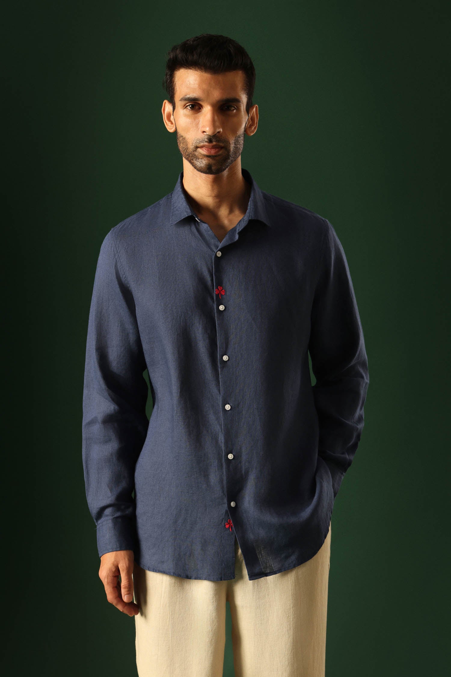 Leaf Irish Linen Shirt - Navy