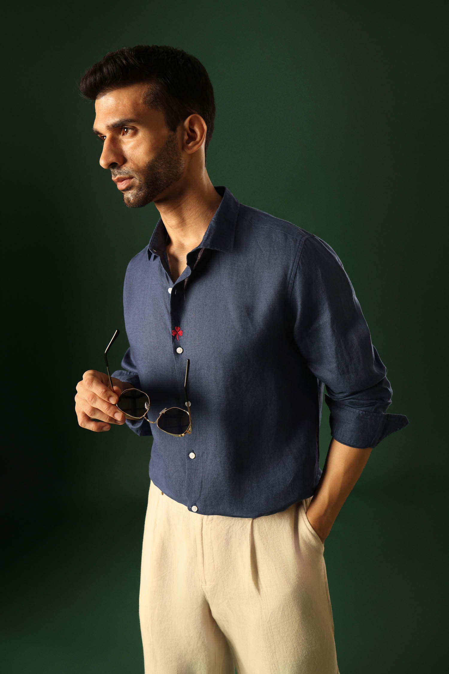 Leaf Irish Linen Shirt - Navy