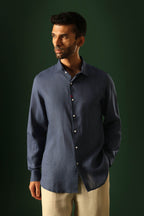 Lady Bug Hand Embroidered Irish Linen Shirt - Navy