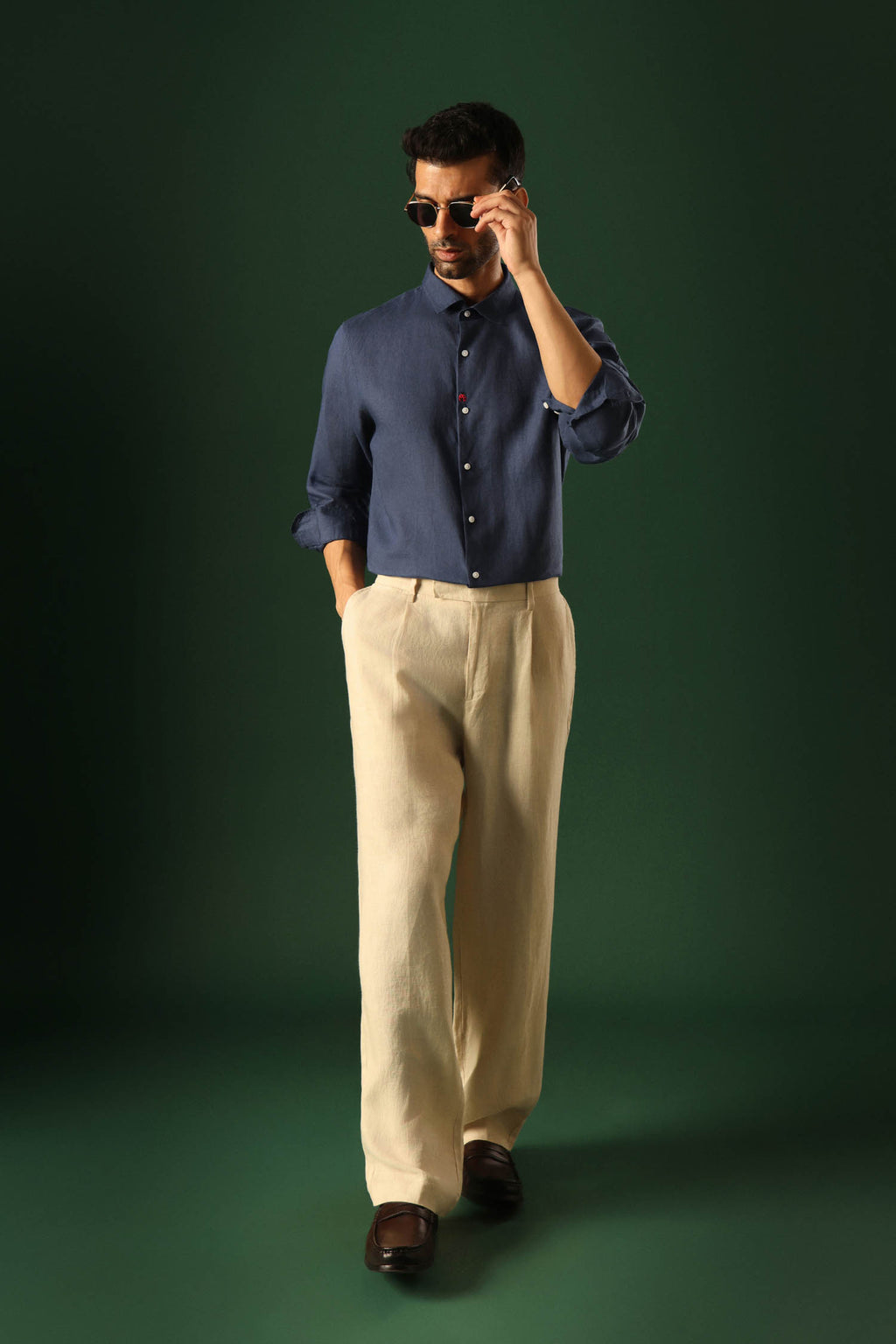 Lady Bug Hand Embroidered Irish Linen Shirt - Navy