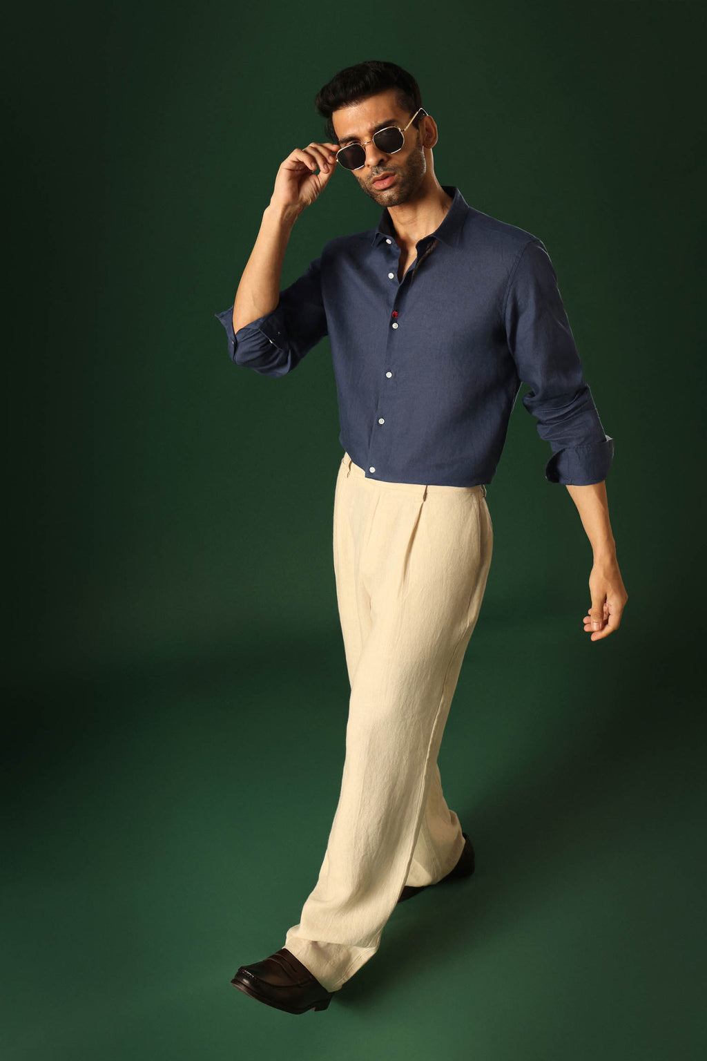 Lady Bug Hand Embroidered Irish Linen Shirt - Navy