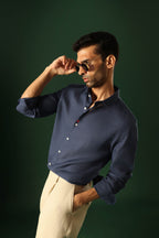 Lady Bug Hand Embroidered Irish Linen Shirt - Navy