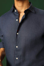 Lady Bug Hand Embroidered Irish Linen Shirt - Navy