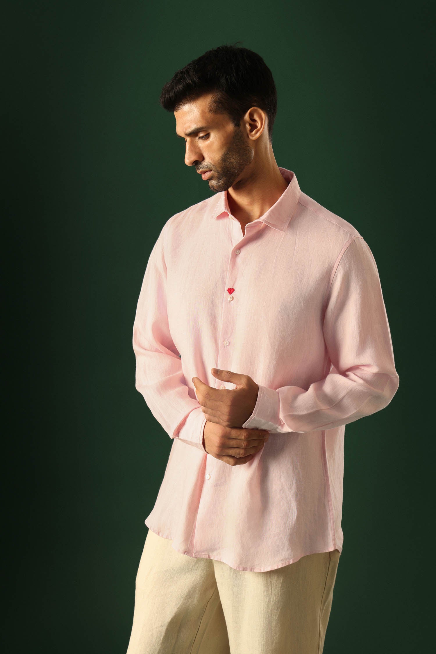 Heart Hand Embroidered Irish Linen Shirt - Pink