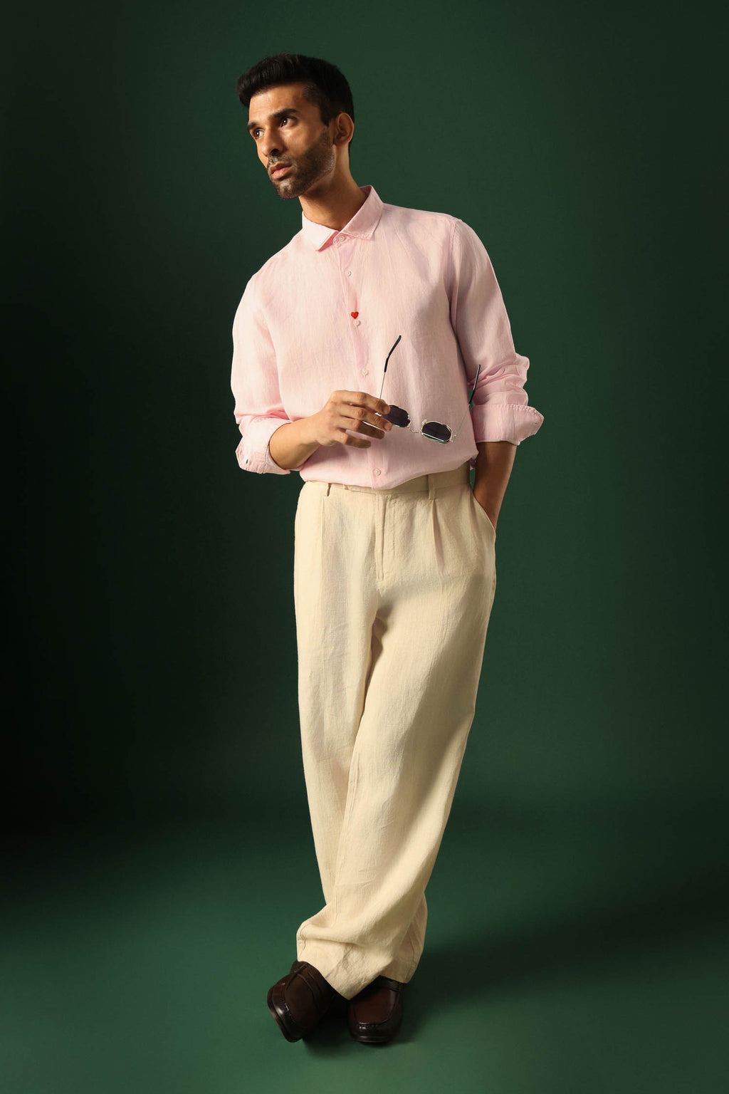 Heart Hand Embroidered Irish Linen Shirt - Pink