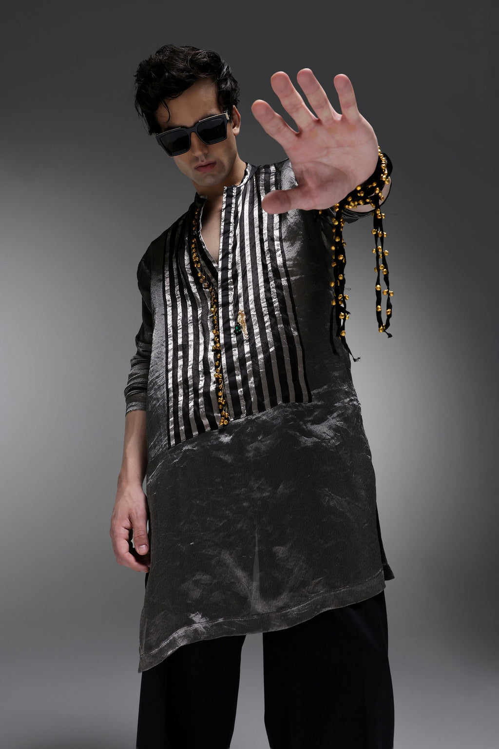 Lustre (Tissue) - Hand Embroidered Designer Kurta - Black