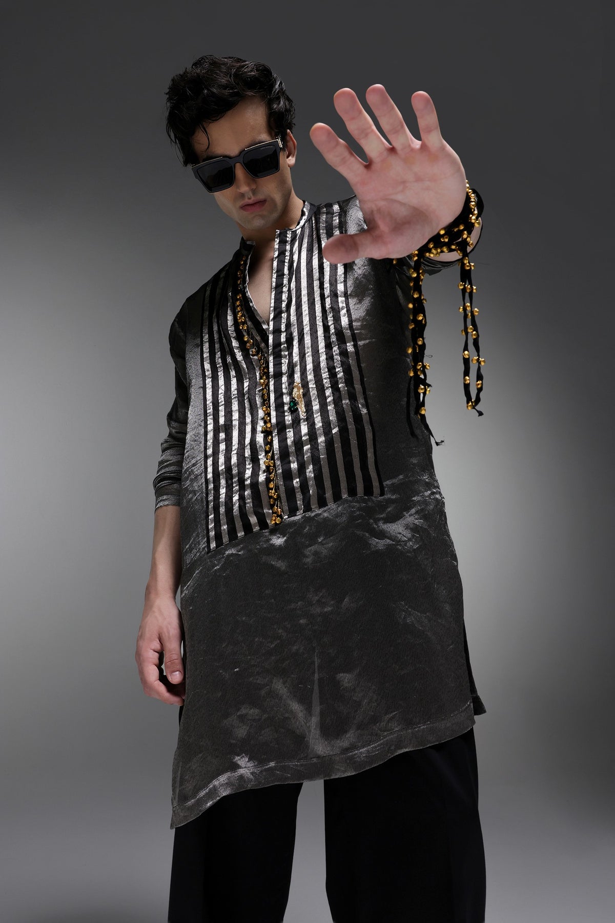 Lustre (Tissue) - Hand Embroidered Designer Kurta - Black