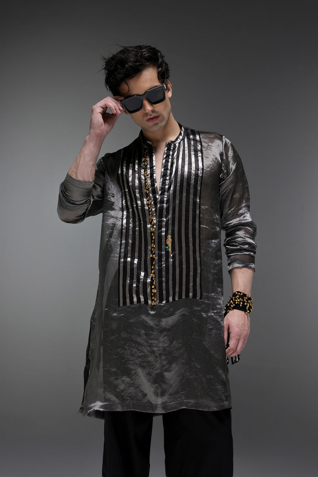 Lustre (Tissue) - Hand Embroidered Designer Kurta - Black