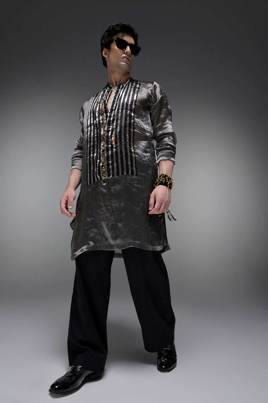 Lustre (Tissue) - Hand Embroidered Designer Kurta - Black