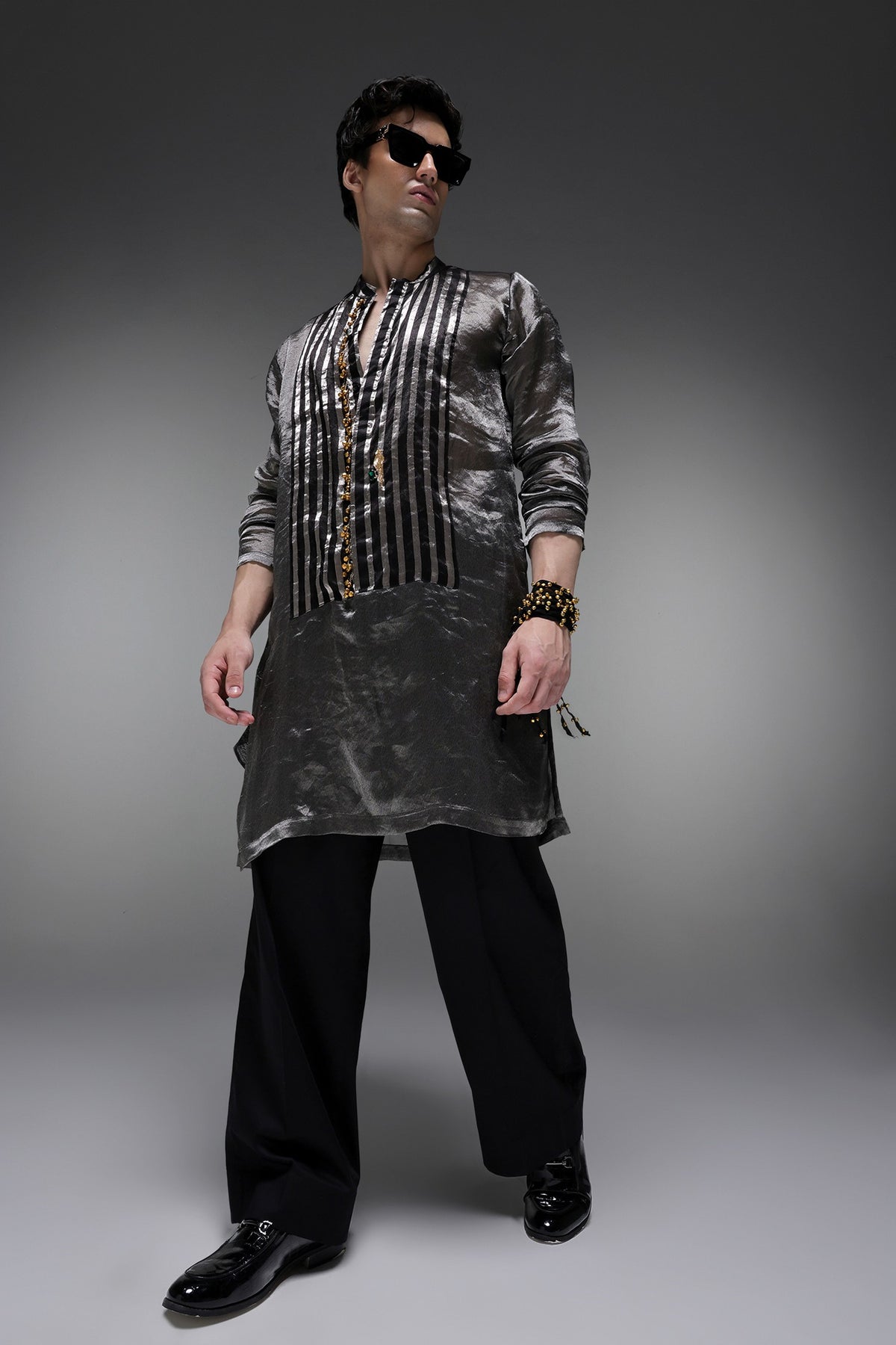 Lustre (Tissue) - Hand Embroidered Designer Kurta - Black