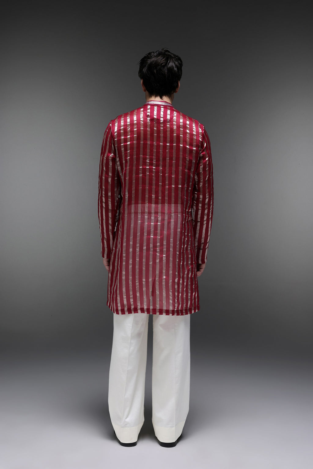 Maroon Tissue Stripes - Hand Embroidered Designer Kurta - Maroon