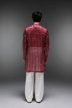 Maroon Tissue Stripes - Hand Embroidered Designer Kurta - Maroon