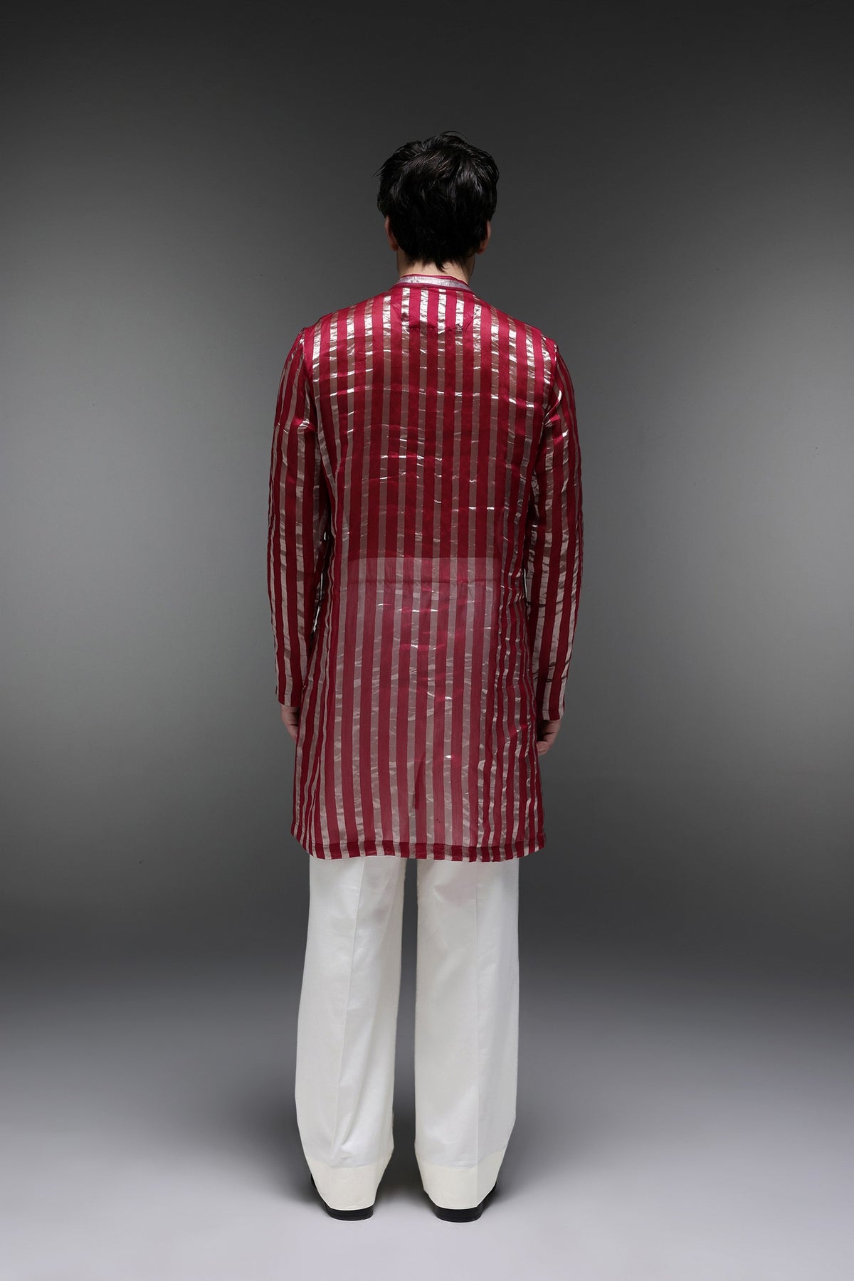 Maroon Tissue Stripes - Hand Embroidered Designer Kurta - Maroon