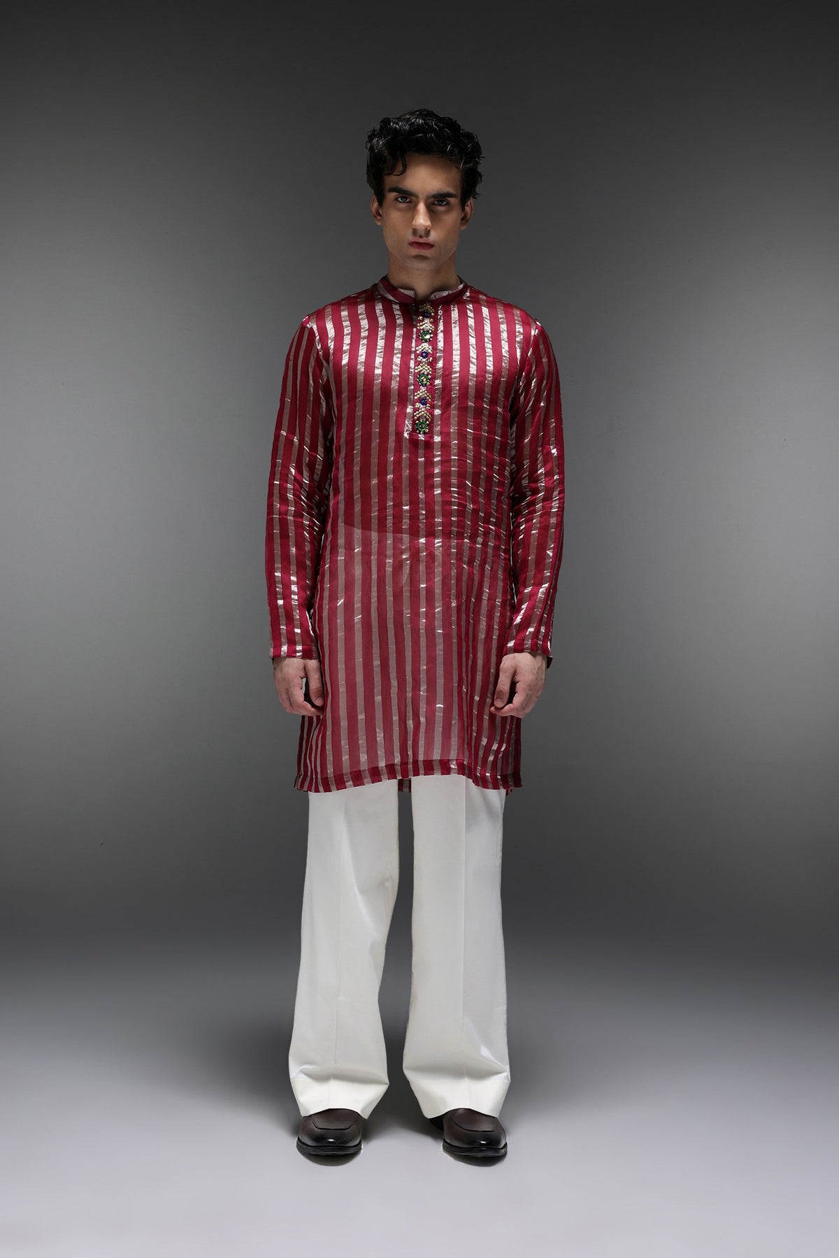 Maroon Tissue Stripes - Hand Embroidered Designer Kurta - Maroon