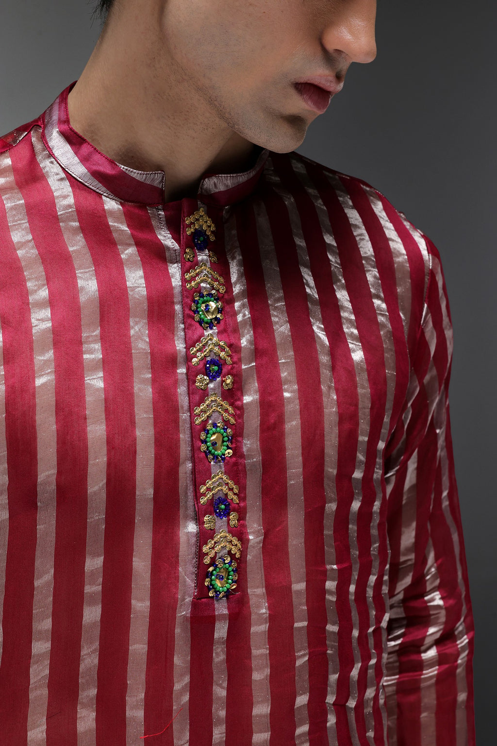 Maroon Tissue Stripes - Hand Embroidered Designer Kurta - Maroon