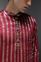 Maroon Tissue Stripes - Hand Embroidered Designer Kurta - Maroon