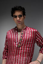 Maroon Tissue Stripes - Hand Embroidered Designer Kurta - Maroon