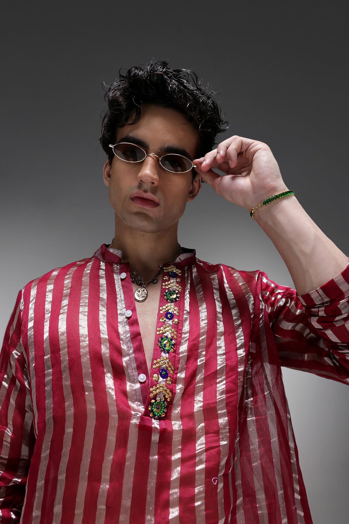 Maroon Tissue Stripes - Hand Embroidered Designer Kurta - Maroon