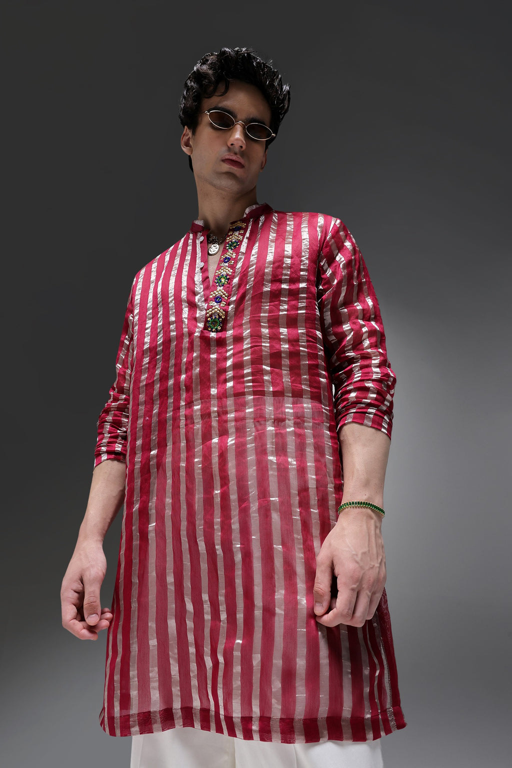 Maroon Tissue Stripes - Hand Embroidered Designer Kurta - Maroon