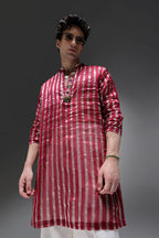 Maroon Tissue Stripes - Hand Embroidered Designer Kurta - Maroon
