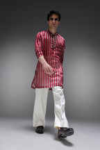 Maroon Tissue Stripes - Hand Embroidered Designer Kurta - Maroon
