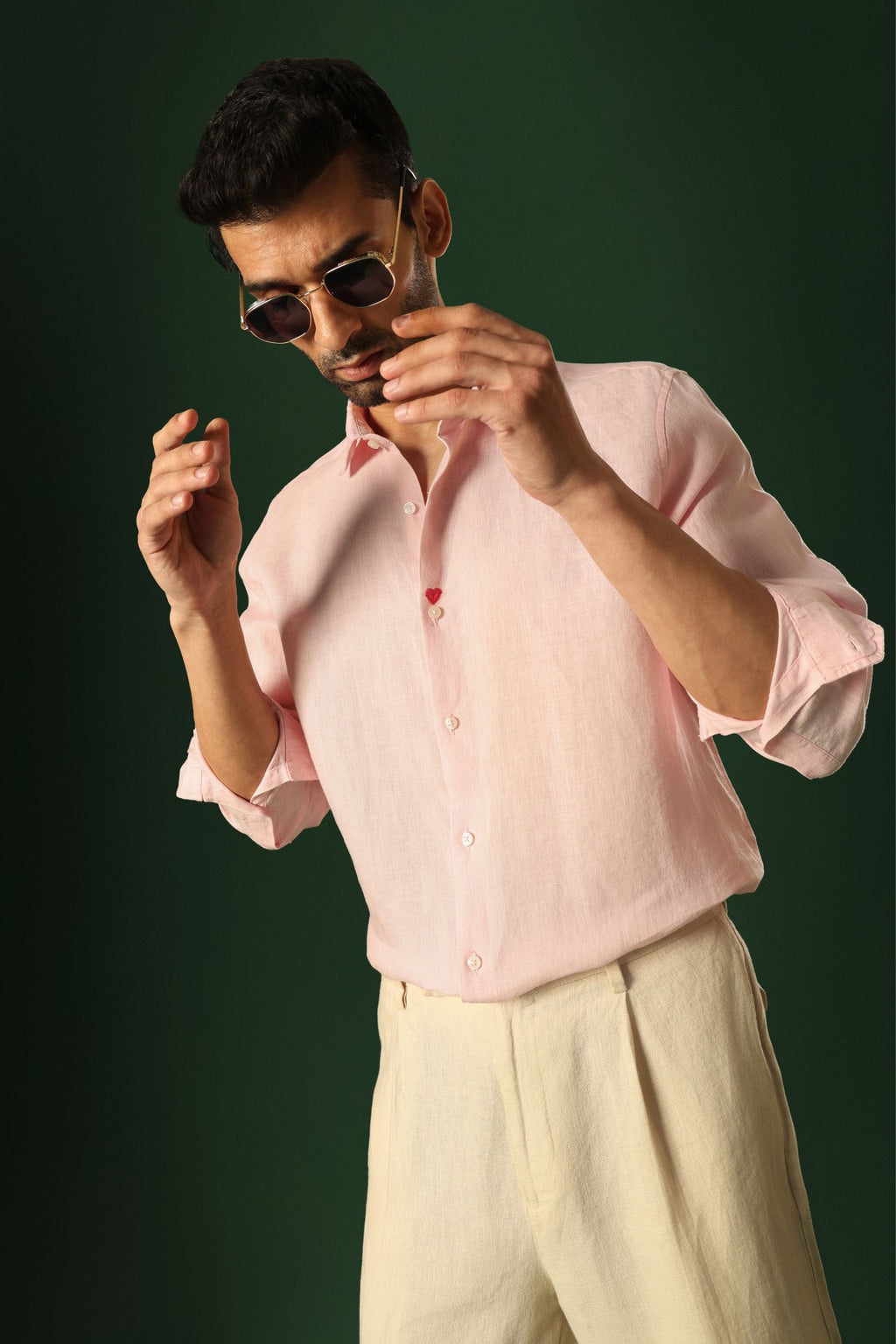 Leaf Hand Embroidered Irish Linen Shirt - Pink