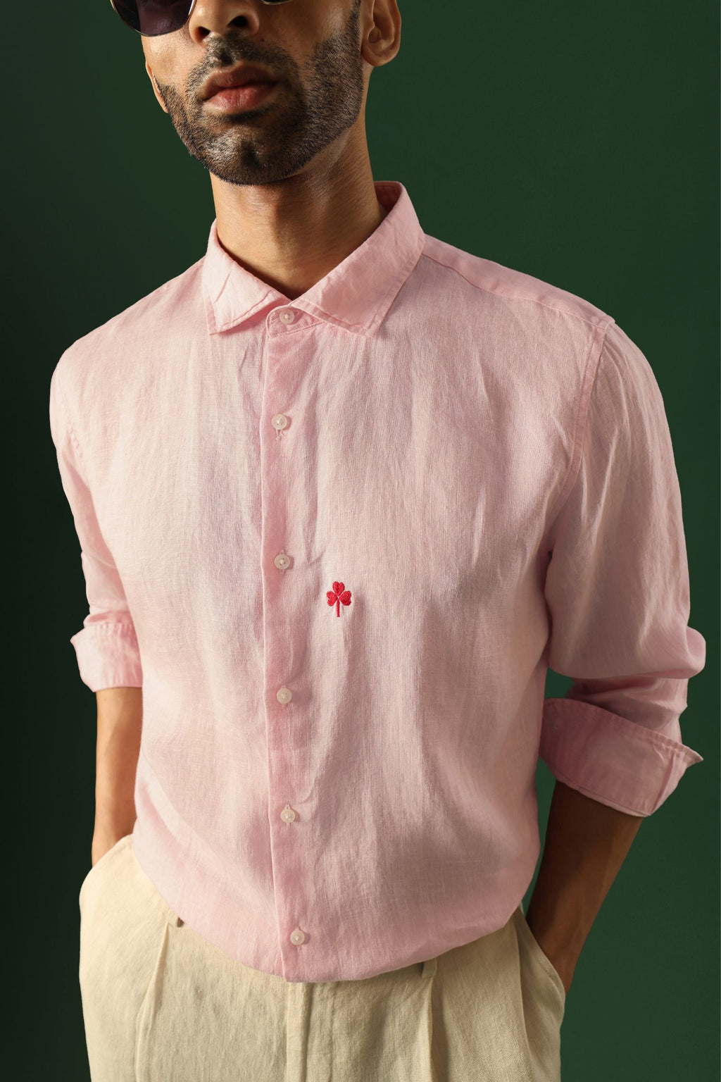 Leaf Hand Embroidered Irish Linen Shirt - Pink