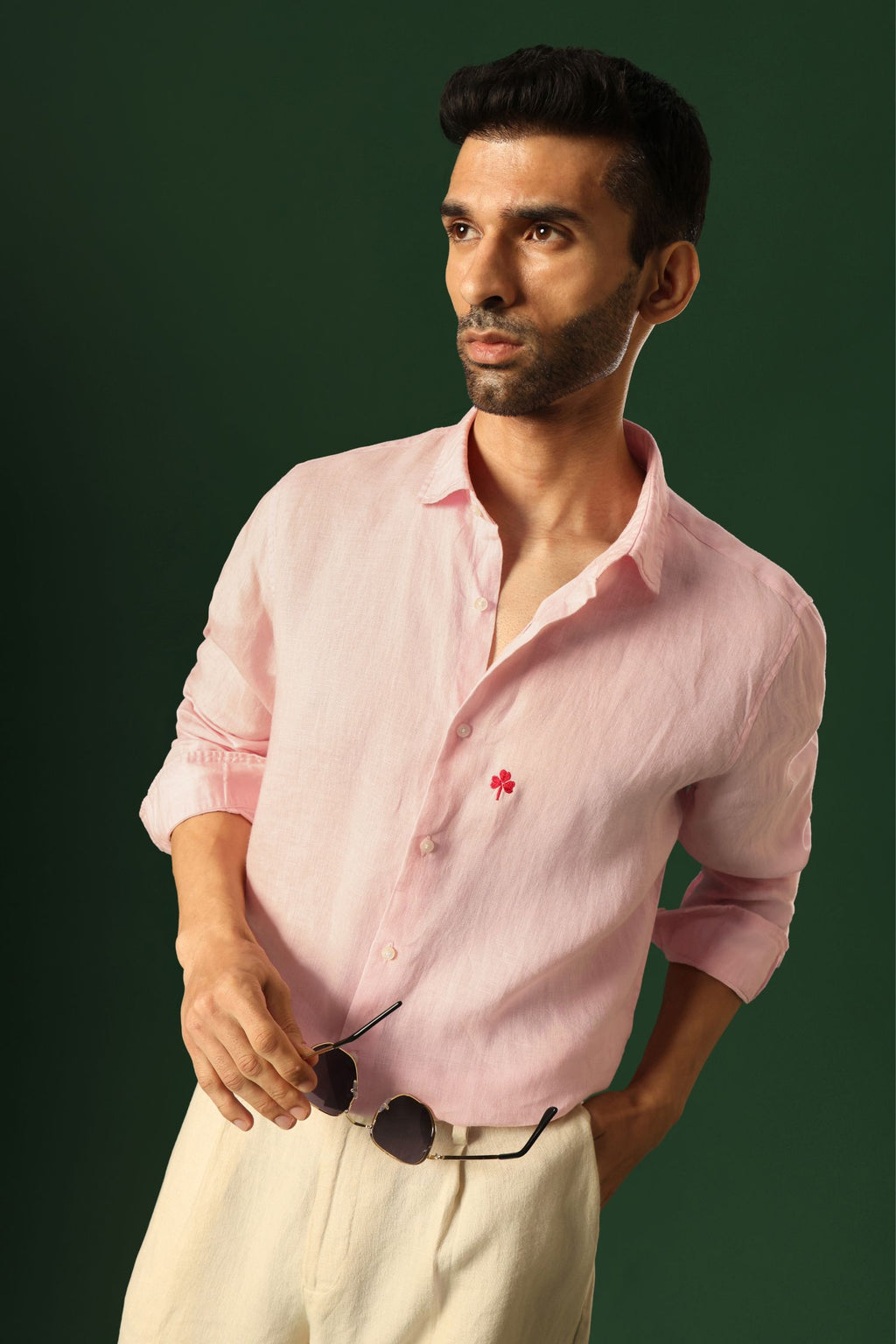 Leaf Hand Embroidered Irish Linen Shirt - Pink