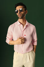 Bird Hand Embroidered Irish Linen Shirt - Pink