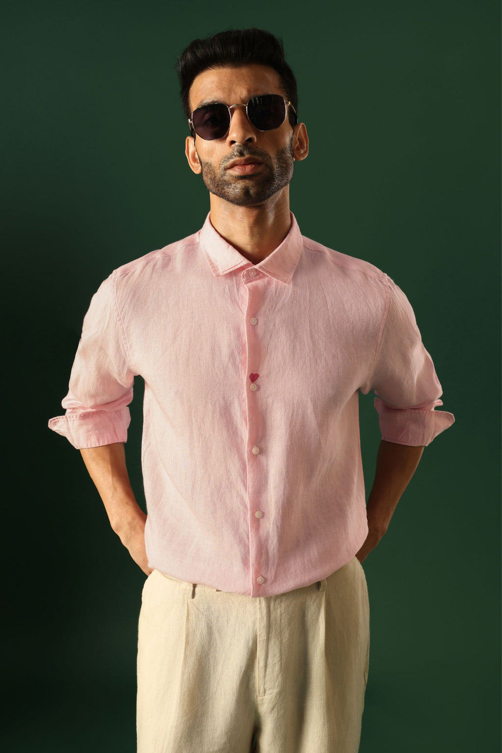 Heart Hand Embroidered Irish Linen Shirt - Pink