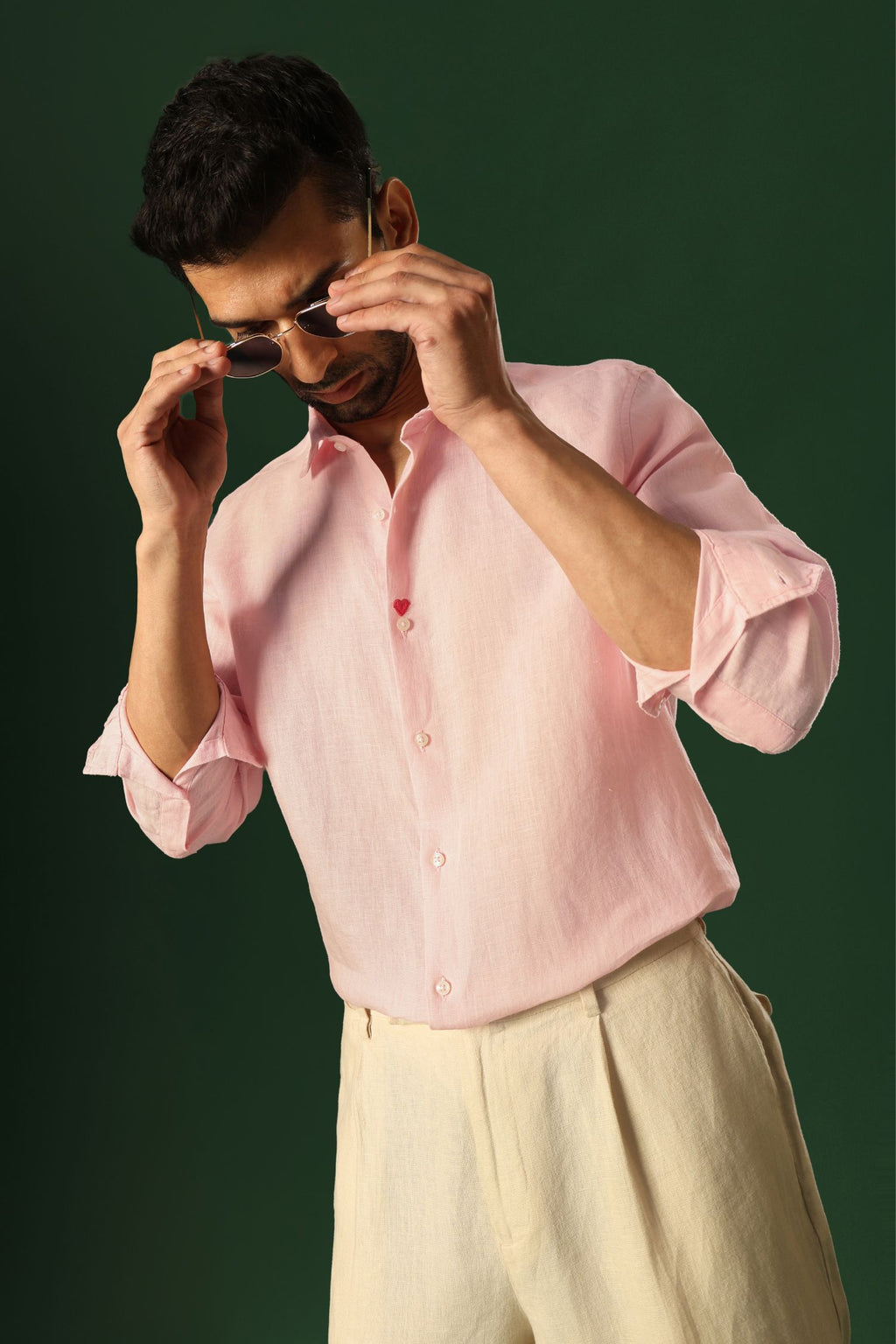 Heart Hand Embroidered Irish Linen Shirt - Pink