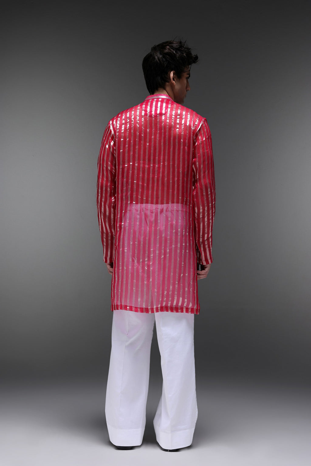 Pink Tissue Stripes - Hand Embroidered Designer Kurta - Rani Pink