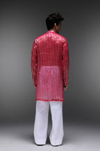 Pink Tissue Stripes - Hand Embroidered Designer Kurta - Rani Pink