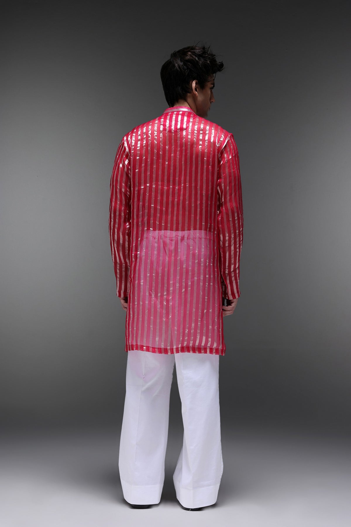 Pink Tissue Stripes - Hand Embroidered Designer Kurta - Rani Pink