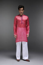 Pink Tissue Stripes - Hand Embroidered Designer Kurta - Rani Pink
