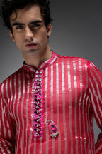 Pink Tissue Stripes - Hand Embroidered Designer Kurta - Rani Pink