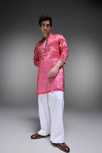 Pink Tissue Stripes - Hand Embroidered Designer Kurta - Rani Pink