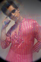 Pink Tissue Stripes - Hand Embroidered Designer Kurta - Rani Pink