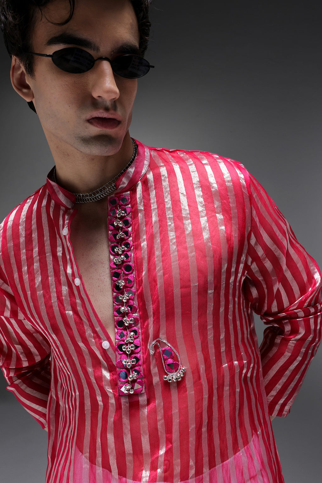 Pink Tissue Stripes - Hand Embroidered Designer Kurta - Rani Pink