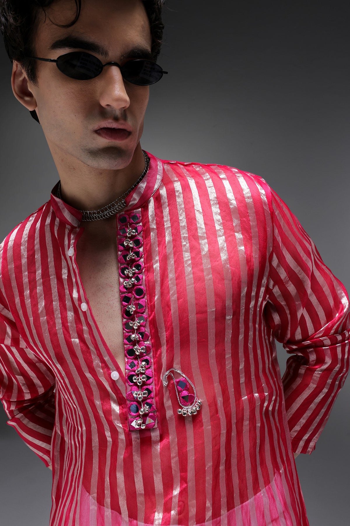 Pink Tissue Stripes - Hand Embroidered Designer Kurta - Rani Pink