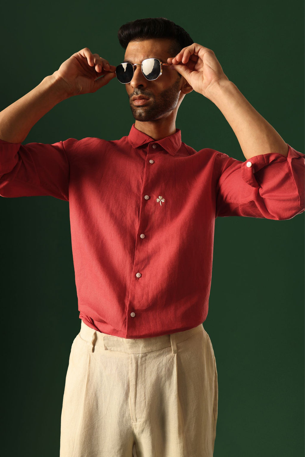 Leaf Hand Embroidered Irish Linen Shirt - Red