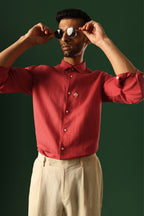 Leaf Hand Embroidered Irish Linen Shirt - Red