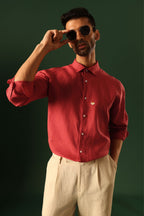 Daisy Hand Embroidered Irish Linen Shirt - Red