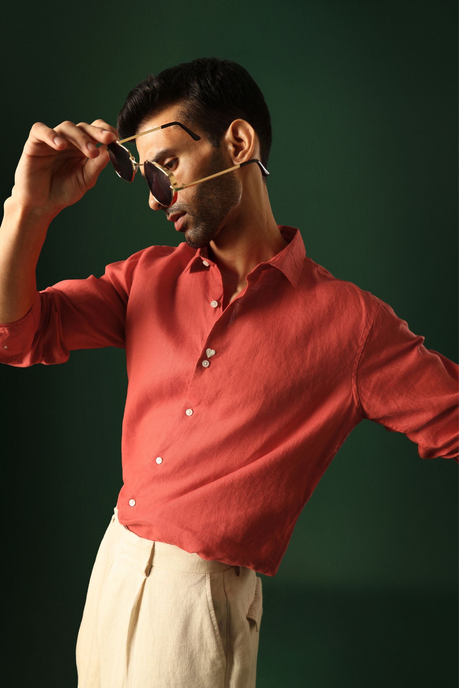 Heart Hand Embroidered Irish Linen Shirt - Red