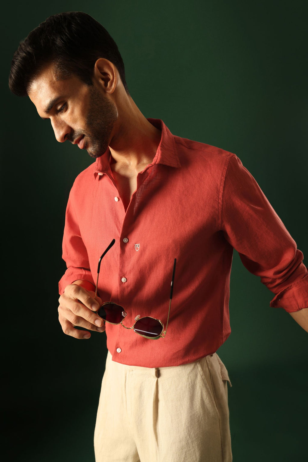 Owl Hand Embroidered Irish linen shirt - Red
