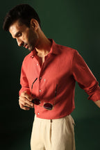 Owl Hand Embroidered Irish linen shirt - Red