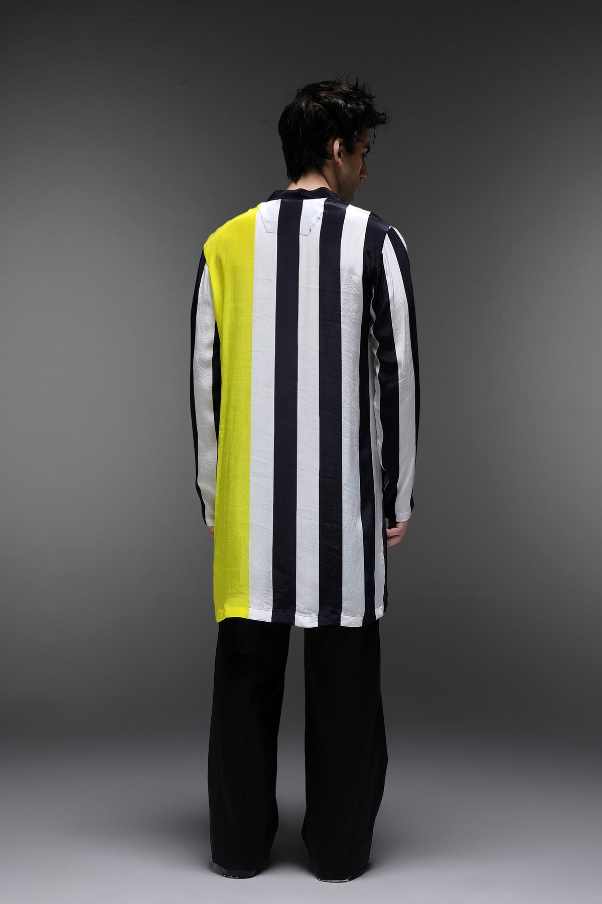 Sin With Me - Hand Embroidered Designer Kurta - Lime Yellow With Stripes